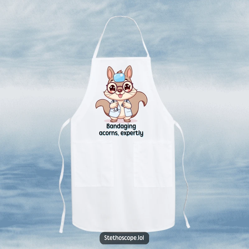 Funny squirrel doctor apron, a cheerful squirrel character with a tiny bandage, designed for kitchen humor.