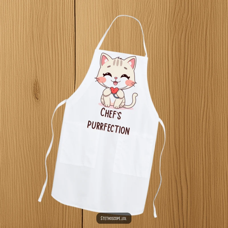 Funny cat doctor apron, a stylized happy cat checking a heartbeat with a stethoscope, humorous kitchen gift.