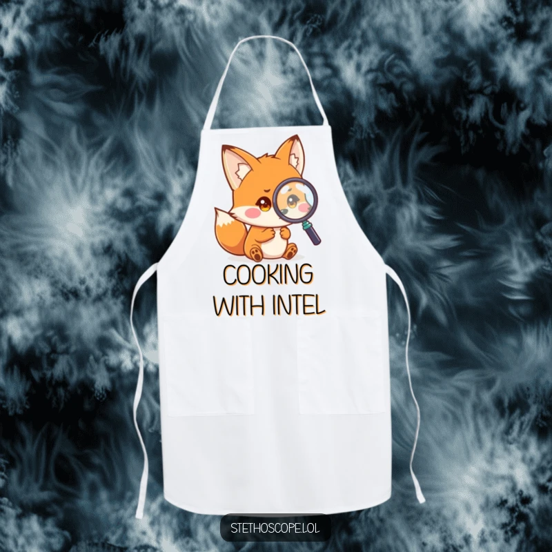 Funny fox apron, a playful small fox examining a magnified image with curious eyes, humorous kitchen gift.