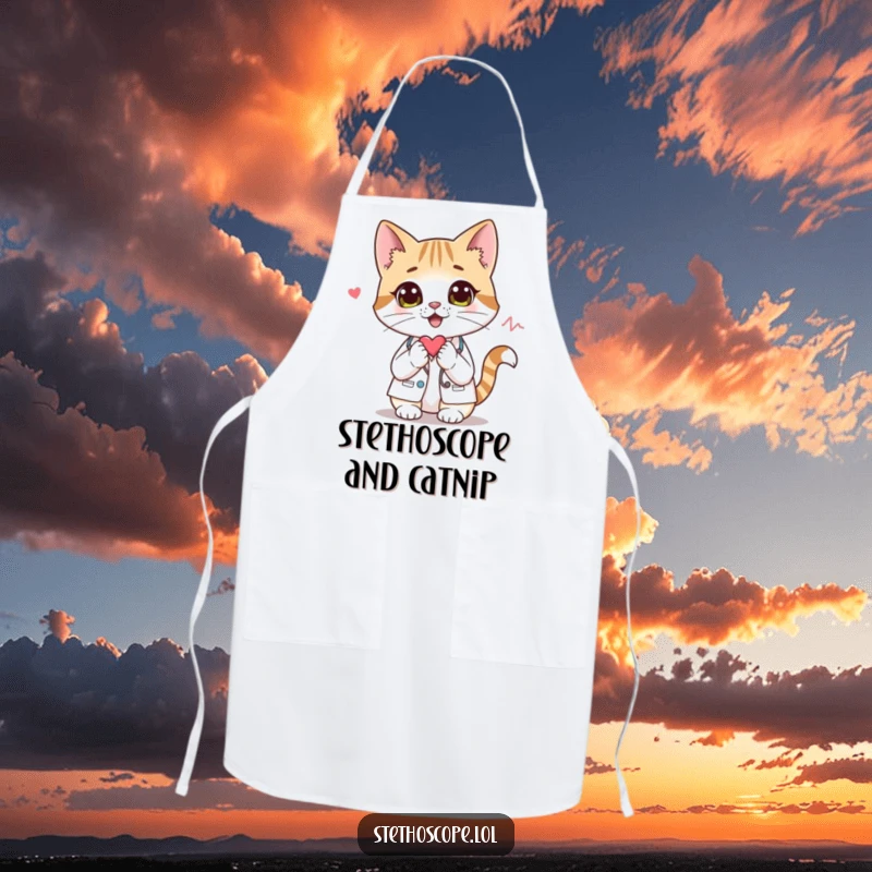 Funny cat doctor apron, showcasing a curious cat using a stethoscope, ideal for kitchen humor.
