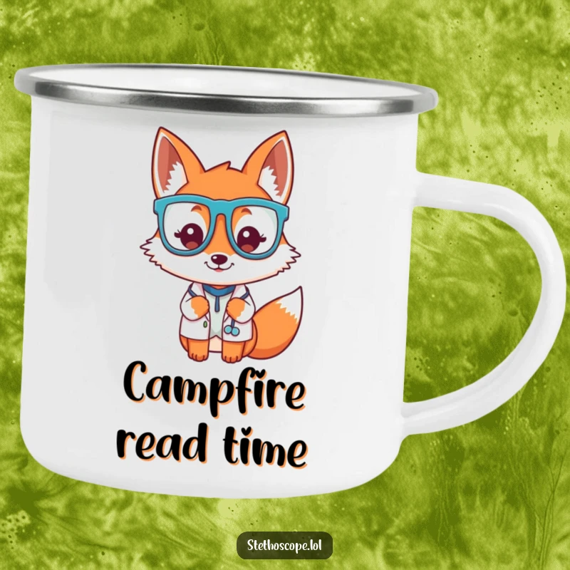 Funny playful fox doctor character wearing oversized glasses, a sturdy and humorous camping mug.