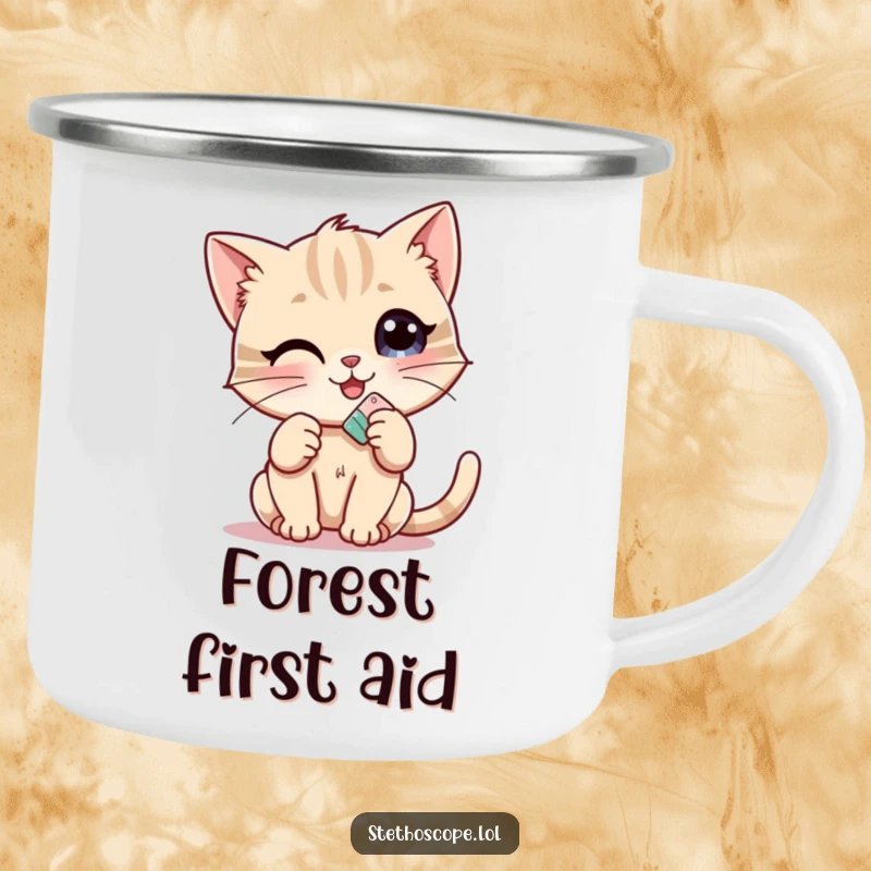 Funny Kitten Doctor Camping Mug: A cheerful kitten with a tiny bandage, ready for outdoor adventures and humorous sips.