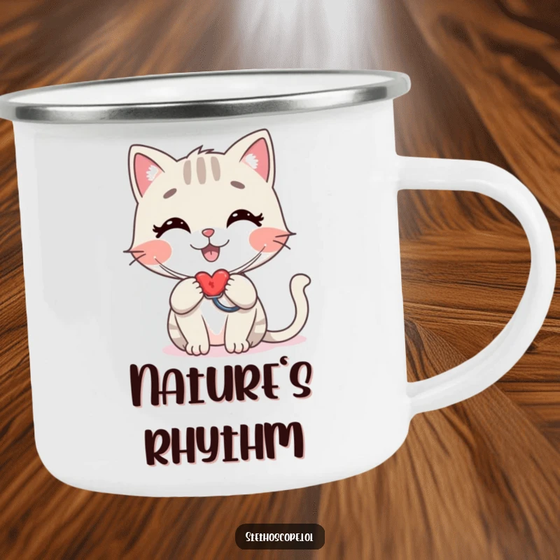 Funny cat doctor camping mug, a stylized happy cat checking a heartbeat with a stethoscope, humorous outdoor gift.