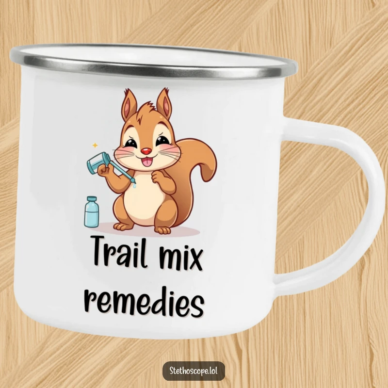 Funny Squirrel Doctor Camping Mug: A happy squirrel with pretend medicine, ready for outdoor adventures and humorous sips.