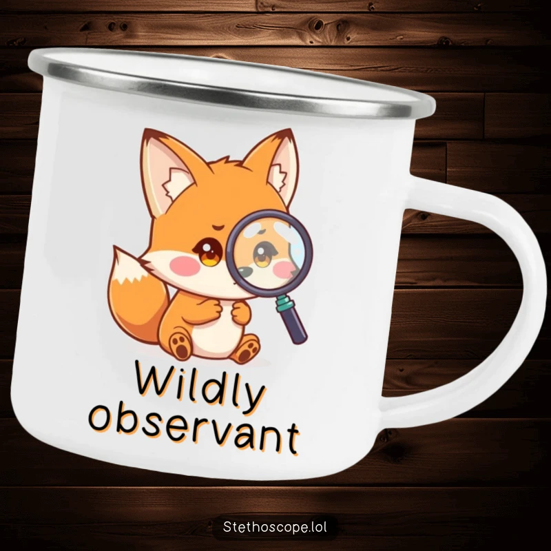 Funny fox camping mug, a playful small fox examining a magnified image with curious eyes, humorous outdoor gift.