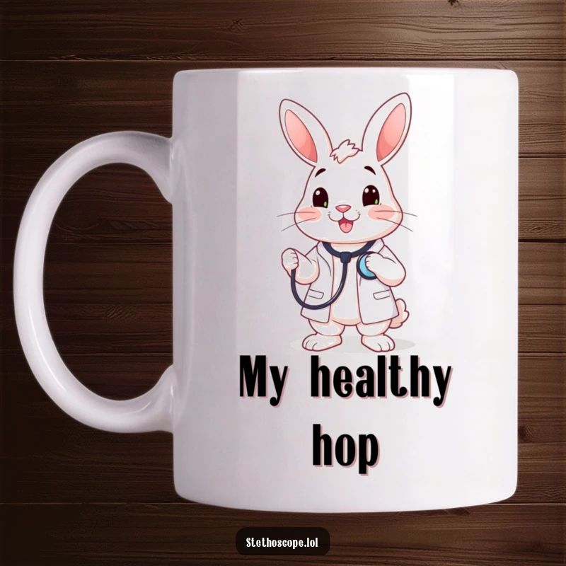 Funny happy rabbit doctor character holding a stethoscope to its chest, a caring and humorous mug.