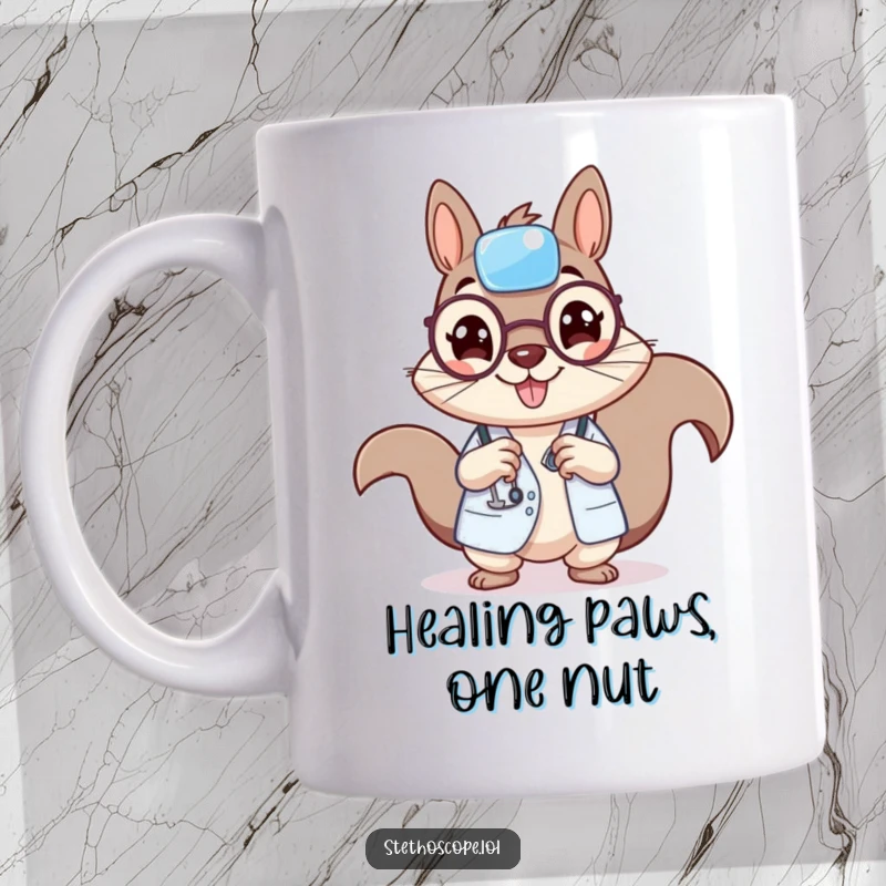 Funny squirrel doctor character holding a tiny bandage, looking cheerful and ready to help on a cute coffee mug.