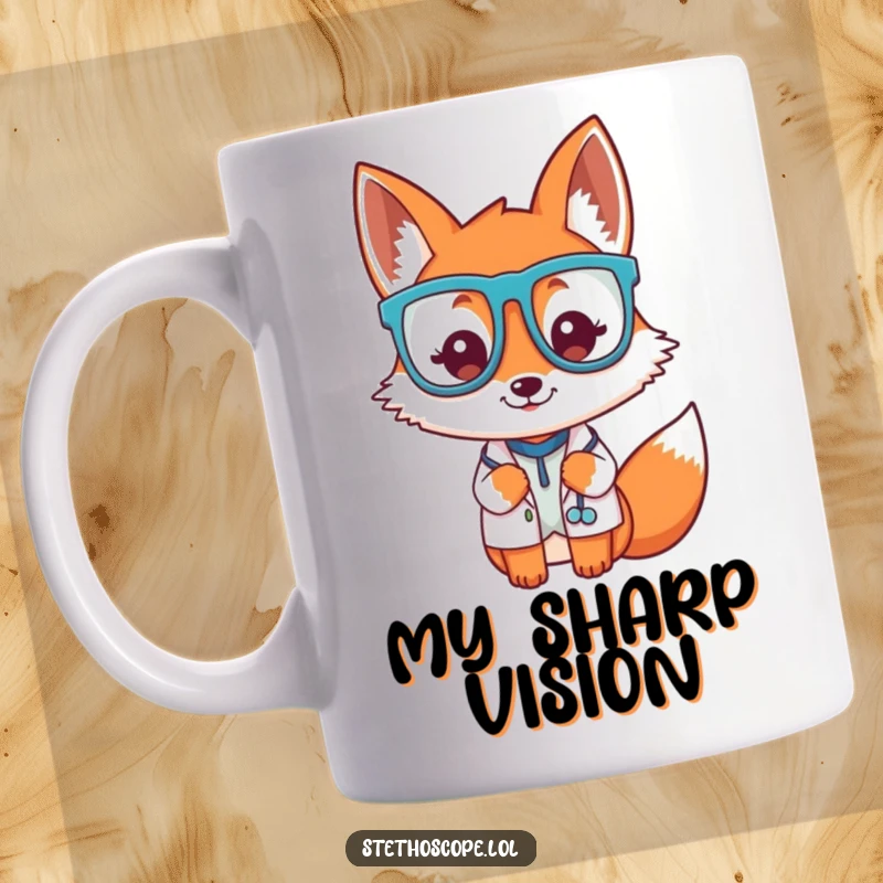 Funny playful fox doctor character wearing oversized glasses, a witty and humorous mug.