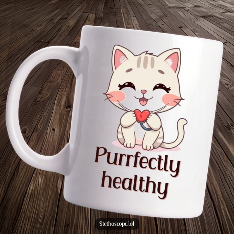 Funny cat doctor mug, a stylized happy cat checking a heartbeat with a stethoscope, perfect for a humorous gift.
