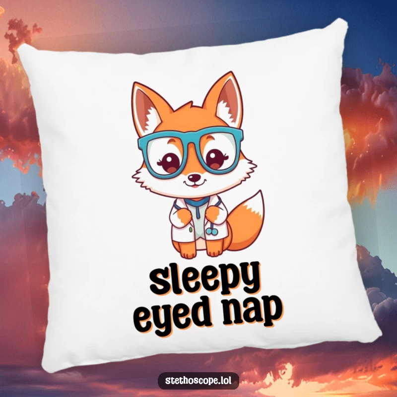 Funny playful fox doctor character wearing oversized glasses, a soft and humorous pillow.
