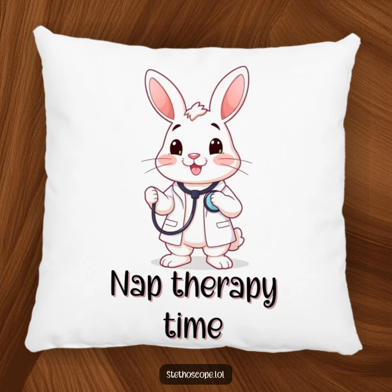 Funny happy rabbit doctor character holding a stethoscope to its chest, a soft and humorous pillow.