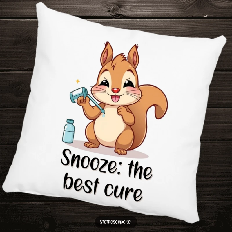 Funny Squirrel Doctor Pillow: A happy squirrel character with pretend medicine, offering a soft and humorous decorative touch.