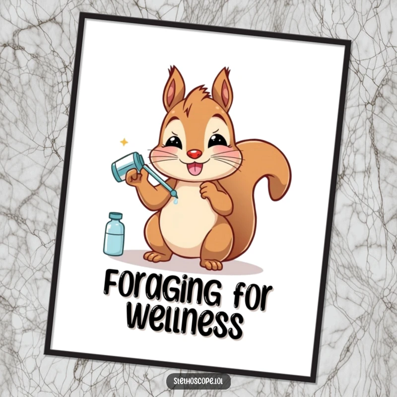 Funny Squirrel Doctor Digital Art Print: A happy squirrel with pretend medicine, ready to bring humorous charm to any digital display.