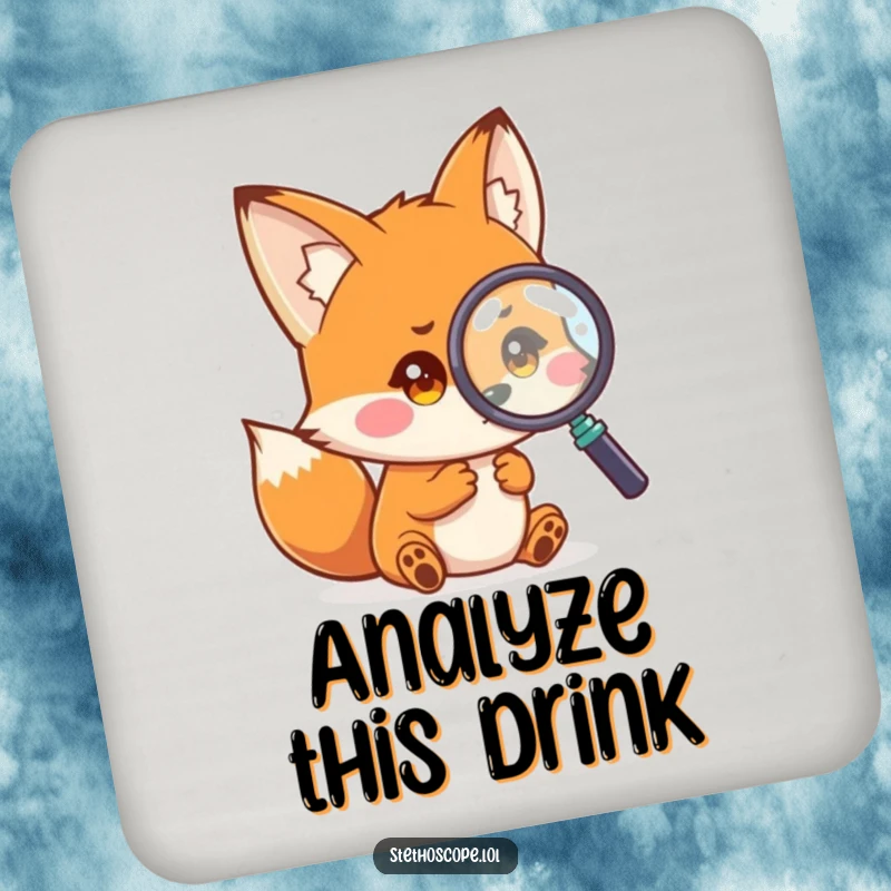 Funny fox drink coaster, a playful small fox examining a magnified image with curious eyes, humorous housewarming gift.