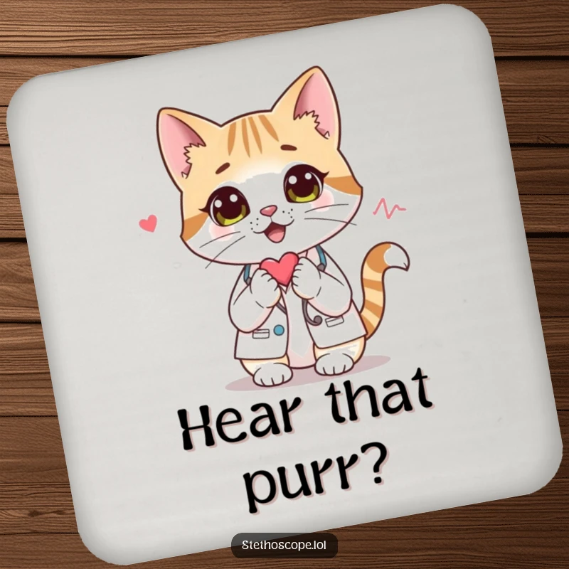 Funny cat doctor drink coaster, featuring a curious cat using a stethoscope, protecting beverage areas.