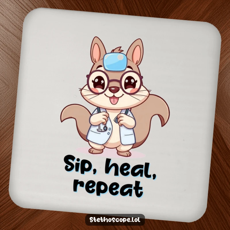 Funny squirrel doctor drink coaster, featuring a cheerful squirrel character holding a tiny bandage, guarding surfaces.