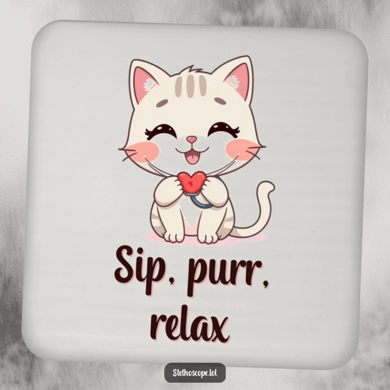 Funny cat doctor drink coaster, a stylized happy cat checking a heartbeat with a stethoscope, humorous housewarming gift.