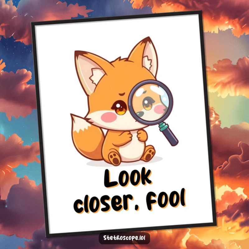 Funny fox poster, a playful small fox examining a magnified image with curious eyes, humorous wall art gift.