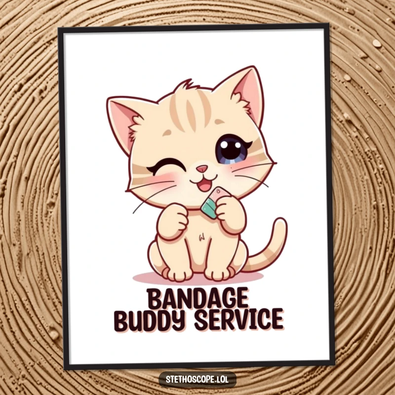 Funny Kitten Doctor Poster: A cheerful kitten holding a tiny bandage, depicted in a heartwarming and humorous art style.