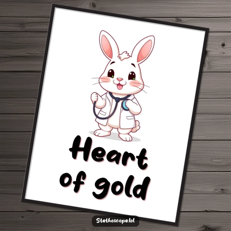 Funny happy rabbit doctor character holding a stethoscope to its chest, a charming and humorous poster.