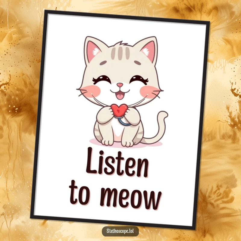 Funny cat doctor poster, a stylized happy cat checking a heartbeat with a stethoscope, heartwarming wall art gift.