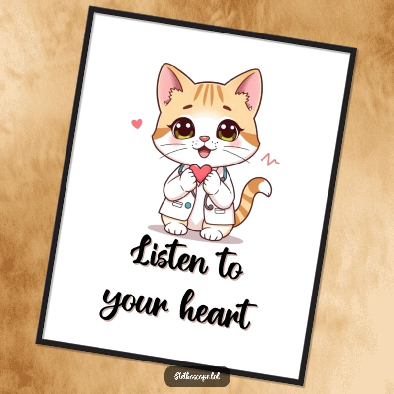 Funny cat doctor poster, illustrating a curious feline using a stethoscope to listen to a heartbeat.