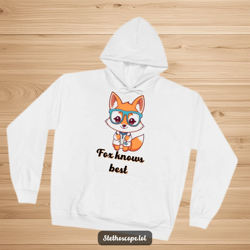 Funny playful fox doctor character wearing oversized glasses, a warm and humorous hoodie.