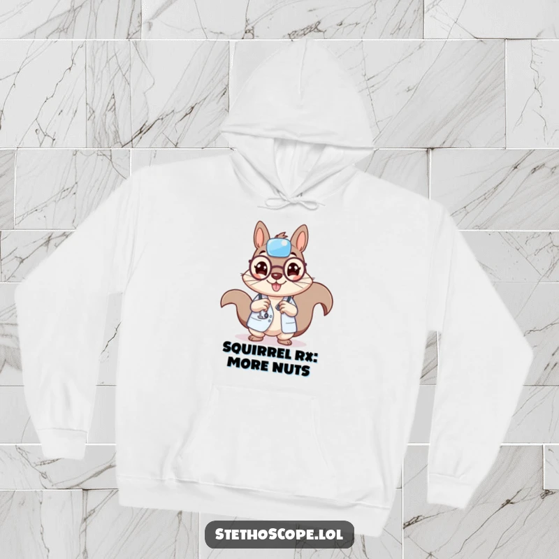 Funny squirrel doctor character wearing a hoodie, holding a tiny bandage, radiating cheerful medical humor.