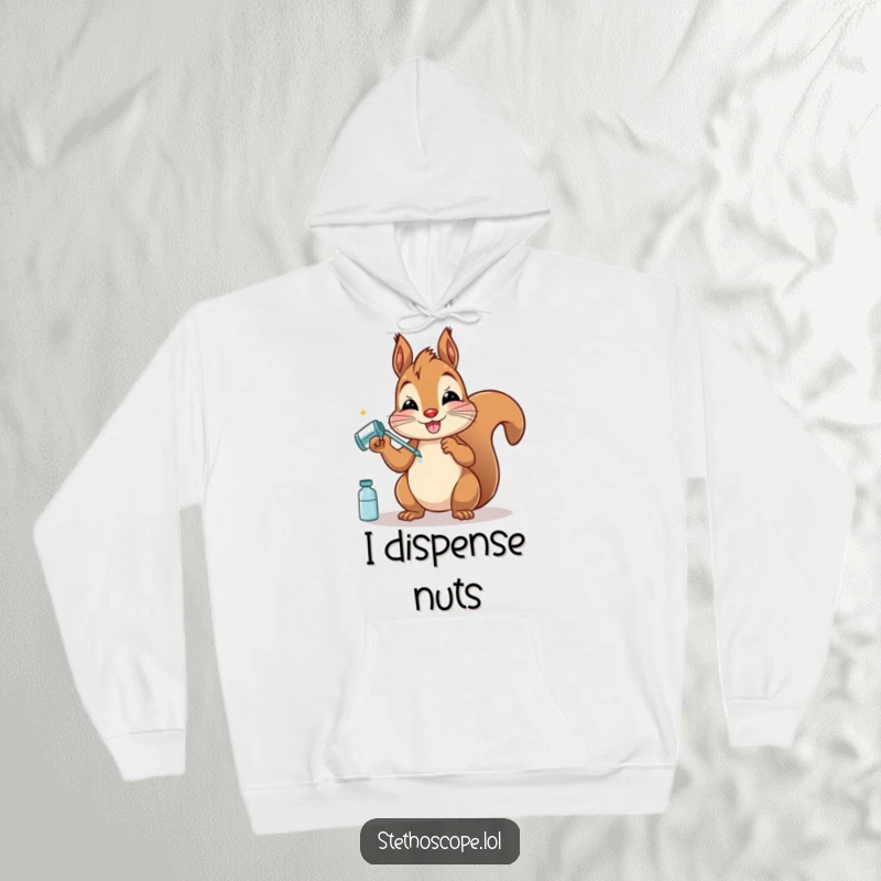 Funny Squirrel Doctor Hoodie: A happy squirrel with pretend medicine, designed for ultimate warmth and humorous comfort.