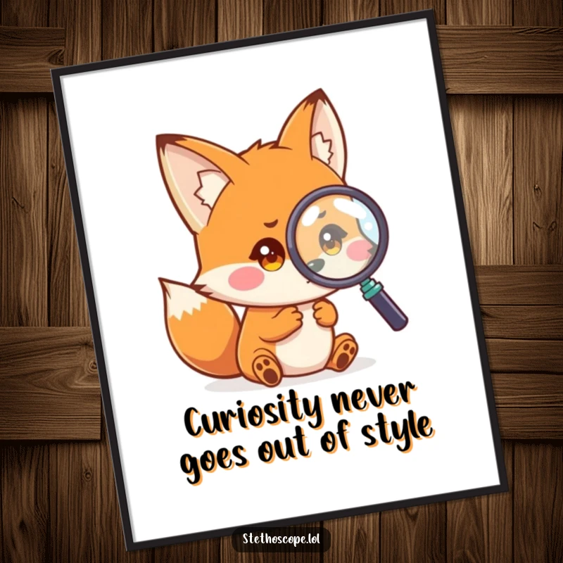 Funny Free Printable Curious Fox Wall Art: A small fox examining a magnified object with inquisitive eyes