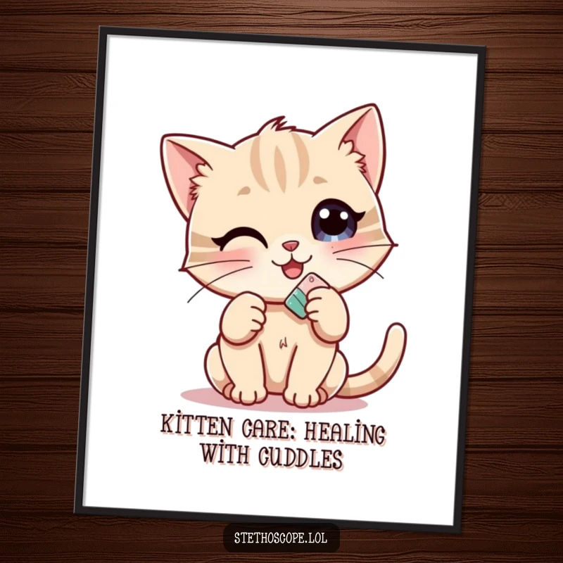 Funny Free Printable Wall Art: A cheerful kitten holds a tiny bandage, offering comfort and humor as a decorative piece.