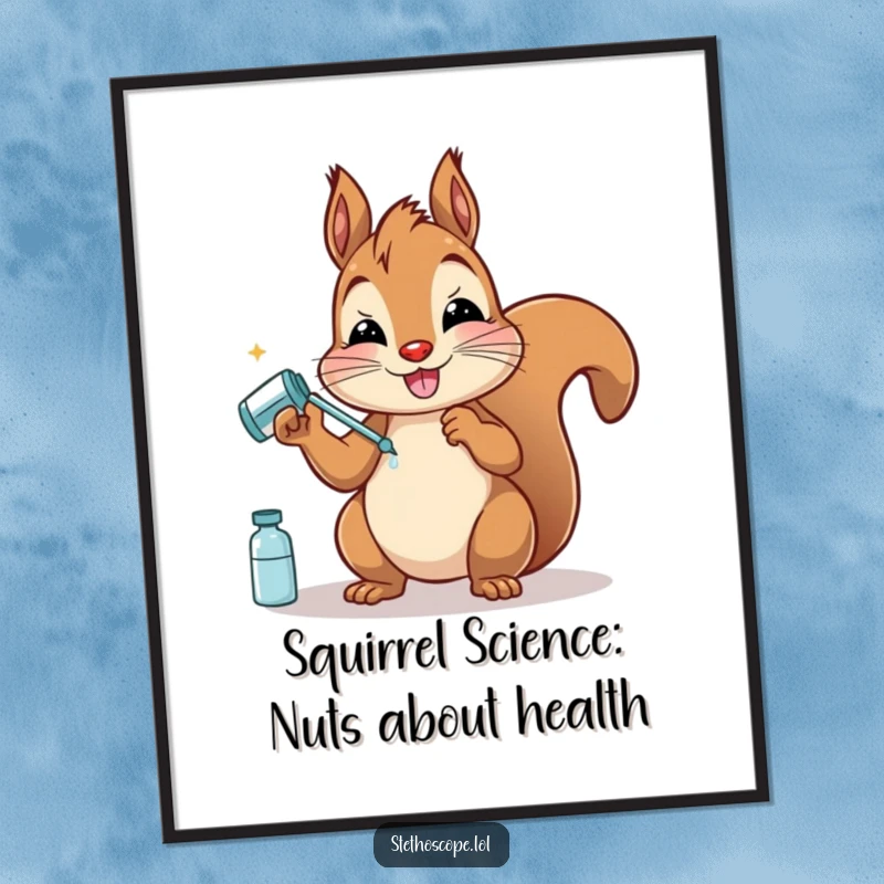 Funny Free Printable Wall Art: A happy squirrel in doctor attire administers pretend medicine, creating a whimsical piece of art.
