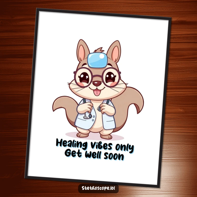 Funny Free Printable Wall Art: A cheerful squirrel doctor character holding a tiny bandage, ready to add humor to your decor.