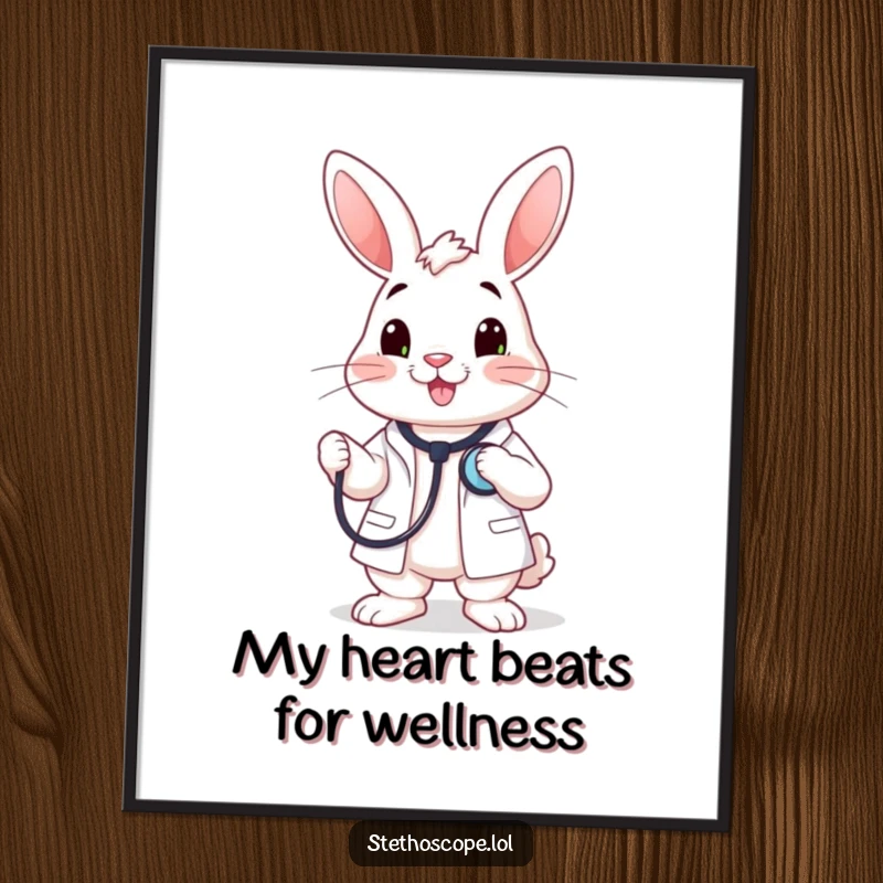 Funny Free Printable happy rabbit doctor holding a stethoscope to its chest, adding charming downloadable art to any room.