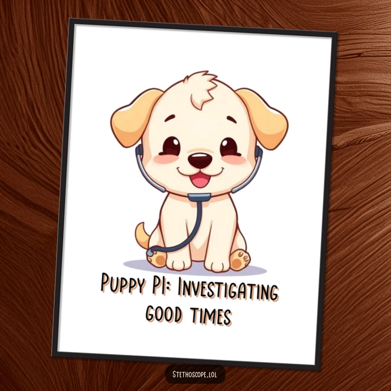 Funny Free Printable Wall Art: A playful puppy wearing a doctor's coat listens with a stethoscope, creating a whimsical decor piece.
