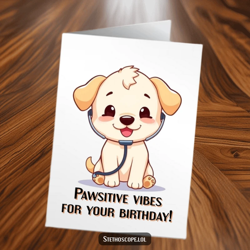 Funny Free Printable Birthday Card: A playful puppy wearing a doctor's coat listens intently with a stethoscope, bringing birthday cheer.