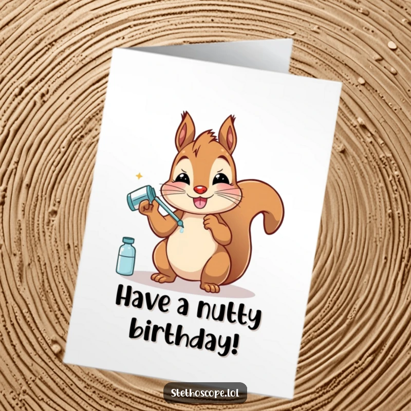 Funny Free Printable Birthday Card: A happy squirrel in a doctor's coat offers pretend medicine with a humorous birthday wish.