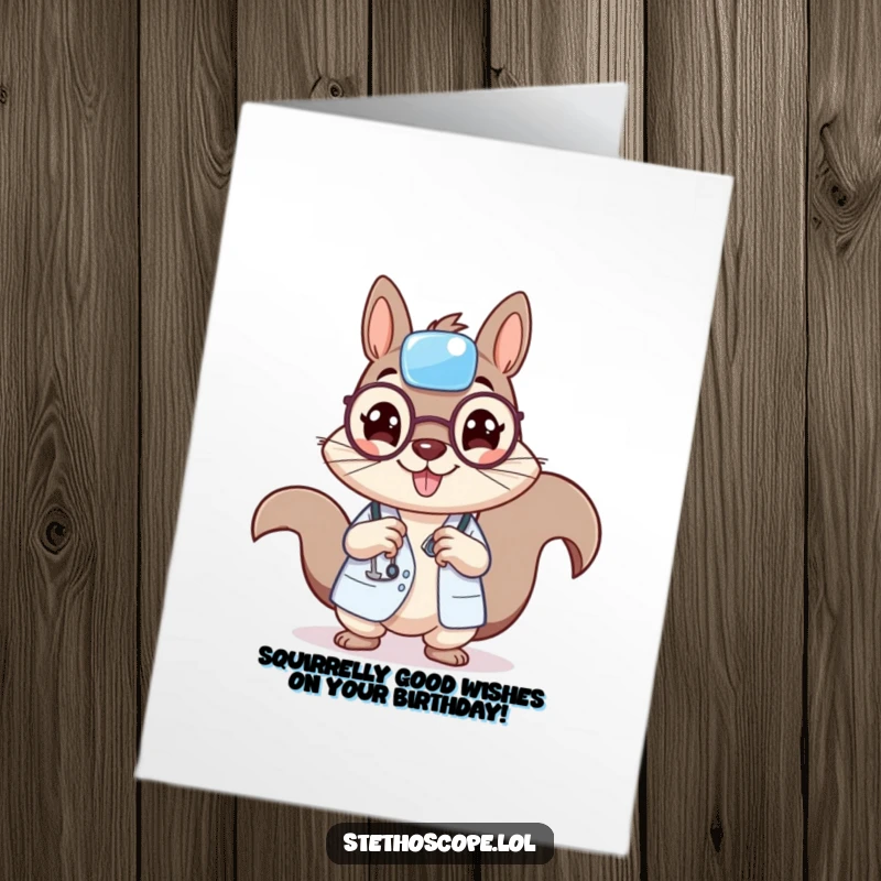 Funny Free Printable Birthday Card: A cheerful squirrel doctor character holds a tiny bandage, ready to heal your celebration.