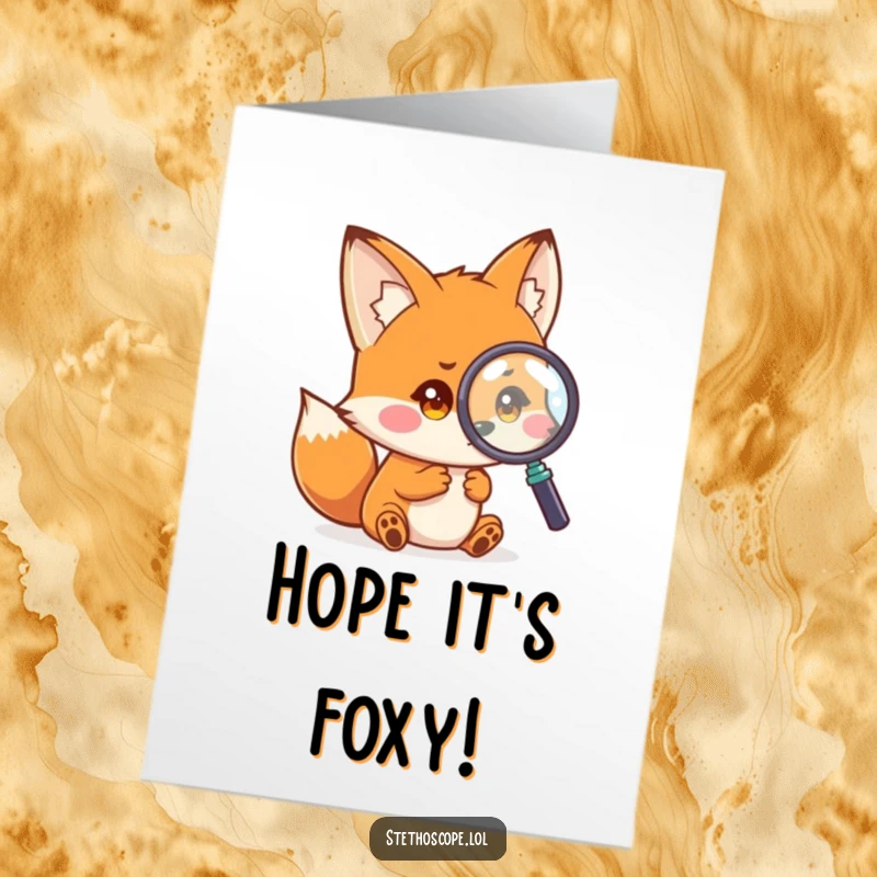 Funny Free Printable Curious Fox Birthday Card: A small fox examining a magnified object with curious eyes
