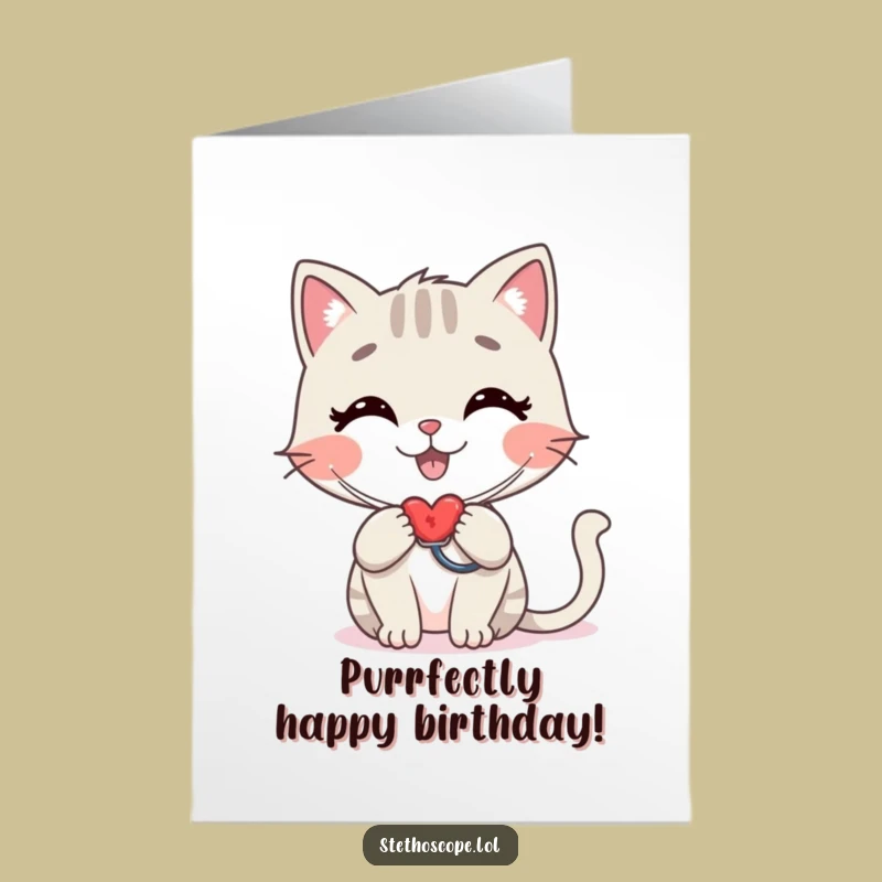 Free Printable Happy Cat Birthday Card: Funny Kitty Heartbeat Gift