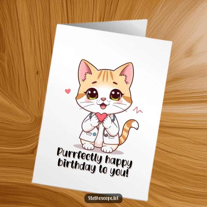 Funny Free Printable Birthday Card: A curious cat doctor character listens intently to a heartbeat, bringing birthday cheer.