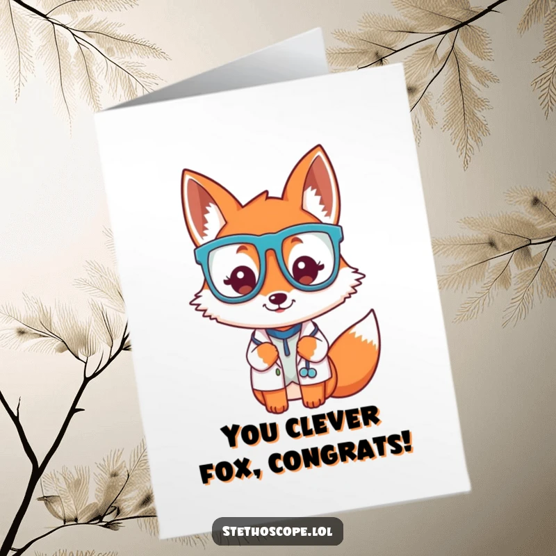 Funny Free Printable playful fox doctor wearing oversized glasses, conveying congratulations with downloadable art.