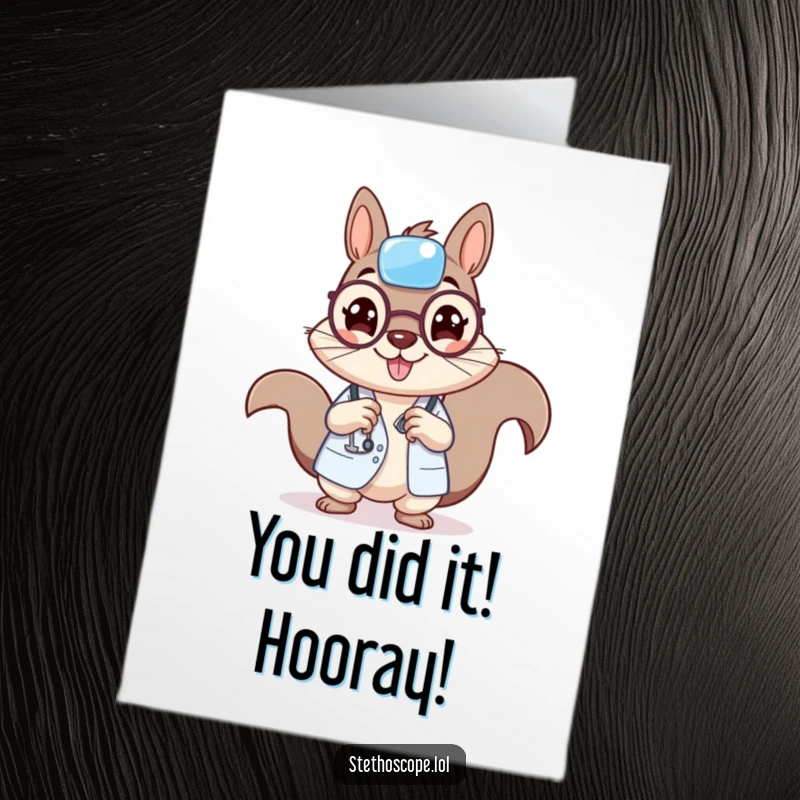 Funny Free Printable Congrats Card: A cheerful squirrel doctor character offers a tiny bandage, symbolizing healing and good luck for their success.
