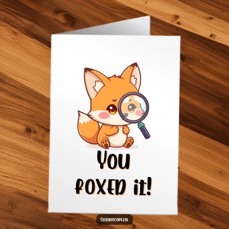 Funny Free Printable Curious Fox Congratulations Card: A small fox examining a magnified object with curiosity