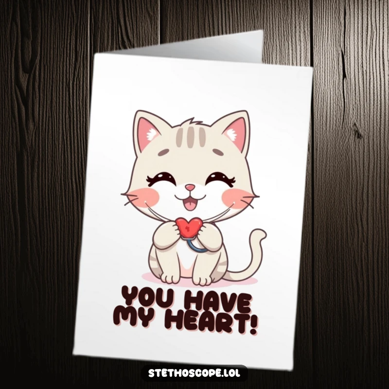 Funny Free Printable Happy Cat Congratulations Card: A stylized cat checking a heartbeat with a stethoscope joyfully