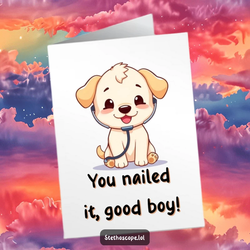 Funny Free Printable Congratulations Card: A happy, playful puppy in a doctor's coat uses a stethoscope to celebrate your success.