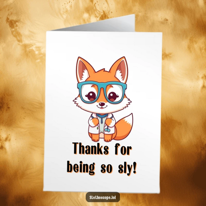Funny Free Printable playful fox doctor wearing oversized glasses, expressing thanks with downloadable art.