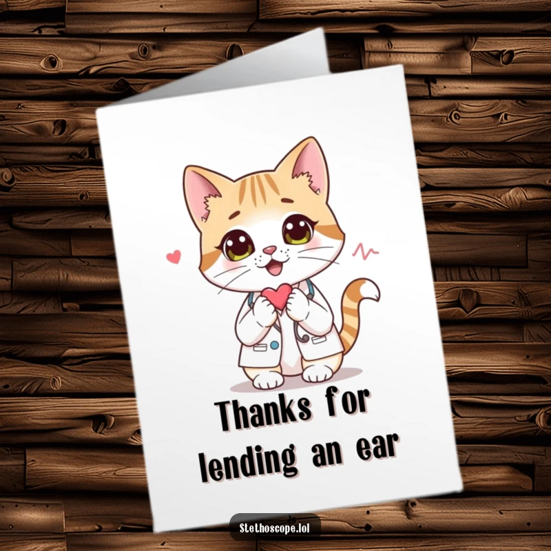 Funny Free Printable Thank You Card: A curious cat doctor character listens to a heartbeat, expressing thanks with a playful, humorous vibe.