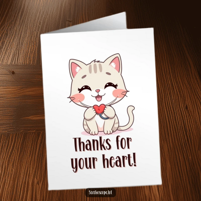 Funny Free Printable Happy Cat Thank You Card: A stylized cat checking a heartbeat with a stethoscope thankfully