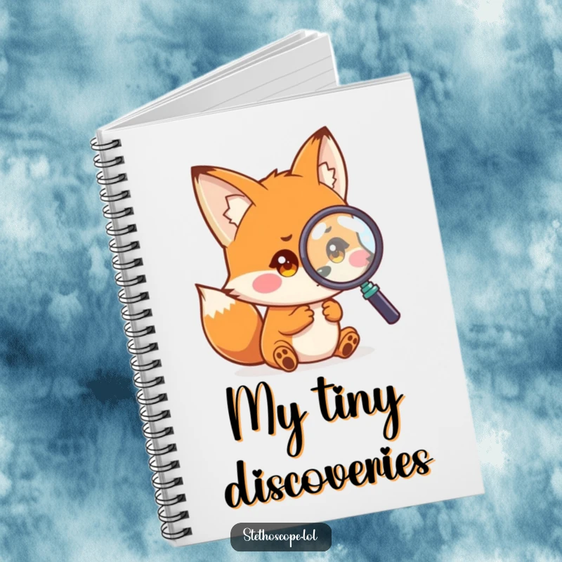 Funny fox notebook, a playful small fox examining a magnified image with curious eyes, humorous stationery gift.